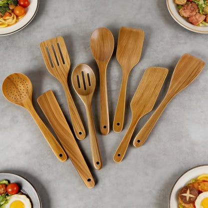 8 Pcs Best Acacia Wood Kitchen Utensil Set Wooden Spoons for Cooking Wok Turner Spatulas Bamboo Non Toxic Cooking Utensils Scraper Spurtle Kitchen Slotted Cooking Spoon Flat Egg Flipper Spatula Set - color: 8Pcs-Utensils