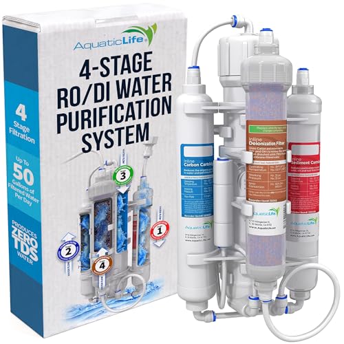 Aquatic Life RO Buddie 4-Stage Aquarium Water Filter System, Reverse Osmosis RO/DI Filtration Unit for Fish Tank, Fountains, and More, 50 GPD (Gallons Per Day) | Color-changing DI stage follows the RO membrane to produce zero-TDS water for aquariums, foun