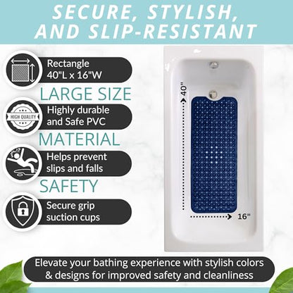 ENKOSI Bath Mat - Large Non Slip Bathtub & Shower Mat - Extra Long 40 x 16 Inch Bathroom Mats for Tub Nonslip Anti Slip Bathmats (40x16 Navy 1-Pack) | Navy Blue color; Durable PVC; 40x16 in, Navy Blue - color: Navy Blue