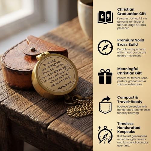 Compass – Brass Directional Vintage Compass Engraved with “Be Strong and Courageous” Joshua 1:9 Bible Verse, Baptism 2026 Communion Christian Inspirational Gifts for Women/Men - style: Be Strong- Leather Case