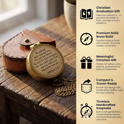 Compass – Brass Directional Vintage Compass Engraved with “Be Strong and Courageous” Joshua 1:9 Bible Verse, Baptism 2026 Communion Christian Inspirational Gifts for Women/Men - style: Be Strong- Leather Case
