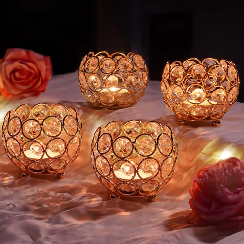4 Pcs Crystal Tealight Candle Holders for Table Centerpiece,Elegant Wedding Table Centerpiece for Home Decor, Birthday Party, Romantic Events | Giftable Decorative Accent (4, Gold) - color: Gold