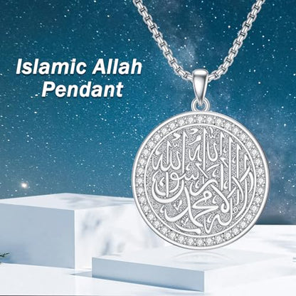 Islamic Pendant Necklace for Men Women Sterling Silver Allah Necklace Muslim Islam Pendant Jewelry Gift for Father Men Women - 22+2 In Stainless Steel Chain