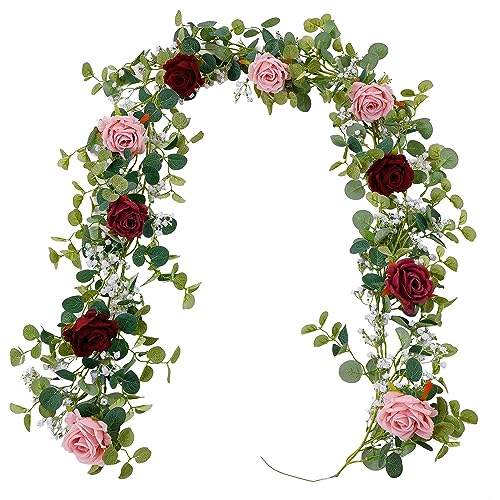 Anna's Whimsy 5.91FT Artificial Eucalyptus Garland with Flowers, Fake Rose Gypsophila, Faux Floral Garland Greenery for Wedding Spring Party Art Table Runner Decor (Pink, 1) - color: Dusty Pink, size: 1PCS