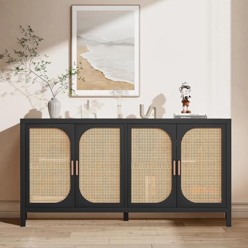 Fiogmub Rattan Sideboard Buffet Cabinet with Storage, Wooden Cabinet | 4 Doors Adjustable Shelves, for Kitchen, Dining Room, Entryway - color: Black