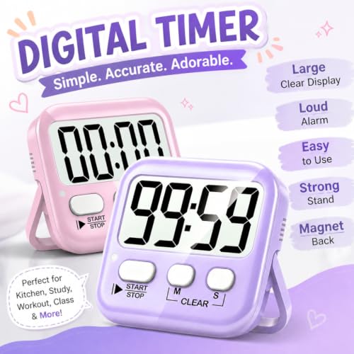 2 Pack Digital Timer for Kids Classroom Kitchen Timers for Cooking | w/ Battery, Easy to View, Alarm, Mute Mode, Count Down/Up, Magnetic, Kickstand, Hanging, Classroom Timer for Teacher Supplies - color: 2 * Pink + Purple