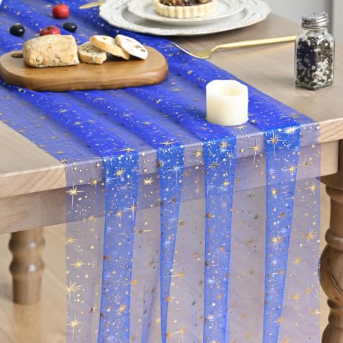Artoid Mode Gold Stars Dark Blue Gauze Table Runner 120 Inch 10FT, Reversible Glitter Sheer Dining Wedding Holiday Birthday Table Decor for Home Party - color: Dark Blue, size: 28" x 120"