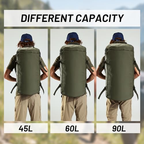 MIER 여행용 캠핑 체육관 스포츠용 대형 더플 백 백팩, 45L/60L/90L | 방수, 컨버터블 더플, 탈착식 백팩 스트랩, 신발 수납 공간, 튼튼한 타폴린, 3가지 사이즈 - color: 다크 그린., size: 60L
