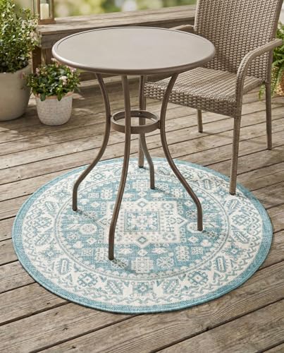 Rugs.com - Outdoor Aztec Rug – 3 Ft Round Aqua Indoor/Outdoor Rug – Washable & Stain-Resistant, Perfect for Patios, Decks, and Porches - color: Aqua, size: 3' (Round)