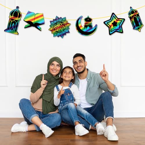 HOWAF 36pcs Ramadan Mubarak Scratch Paper Art Kit, Eid Mubarak Rainbow Scratch Off Cards for Eid Holiday Activity School DIY Drawing Project Supplies, Ramadan Kareem Paper Scratch Pad