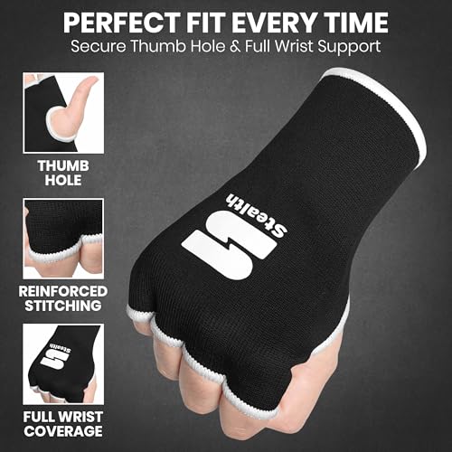 Stealth Sports Boxing Hand Wraps Inner Gloves – Premium Boxing Inner Gloves – Half Finger Boxing Punching Mitts – Elasticated Wrap Boxing Mitts for Kickboxing, Muay Thai, MMA - size: Large-X-Large