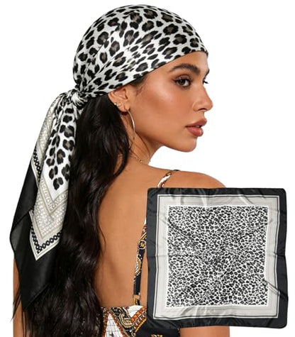 Sumolux Head Hair Scarf for Women 35" Like Satin Silk Scarf Hair Wrapping Night Bandana Large Square Scarves - color: B Black Leopard Print