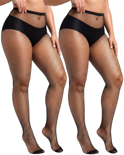 2 Pairs Plus Size Black Fishnet Stockings for Women High Waist Fishnet Tights - color: Black