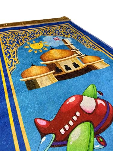 Muslim Kids Prayer Rug, Kids Prayer mat, Islamic Prayer Mat for Children with Free Tasbih and Cap - Ramadan Eid Gifts for Muslim Kids (Blue Set) - color: Blue Set
