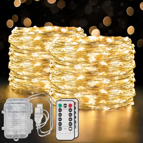 suddus Flexible Copper String Lights, Fairy Lights Warm White, 2Pack Total 132ft 400 LED Battery Operated/USB Twinkle Lights for Bedroom, Dorm Decor - color: Warm White, size: 200LED-2pack