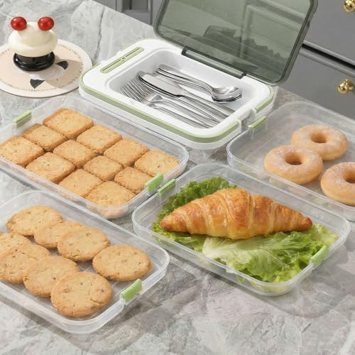 Food Storage Containers with Lids, Plastic Cookie Storage Containers Airtight, 4-Layer Stackable Food Containers with Handle&Dessert Cutlery Storage Dumpling Storage Box Cookie Carrier
