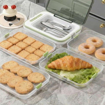 Food Storage Containers with Lids, Plastic Cookie Storage Containers Airtight, 4-Layer Stackable Food Containers with Handle&Dessert Cutlery Storage Dumpling Storage Box Cookie Carrier