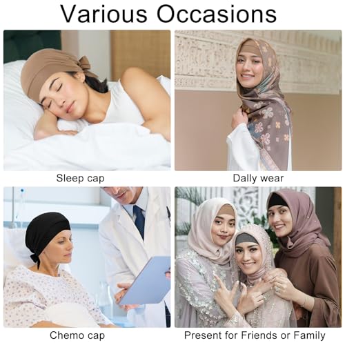 XEPST 2 PCS Hijab Undercap for Women, Islamic Muslim Under Hijab Cap Satin Lined Undercap Tie Back Bonnet Inner Head Scarf Head Wraps Hair Turbans for Women Chemo Headwear Sleep Cap, Black+Khaki