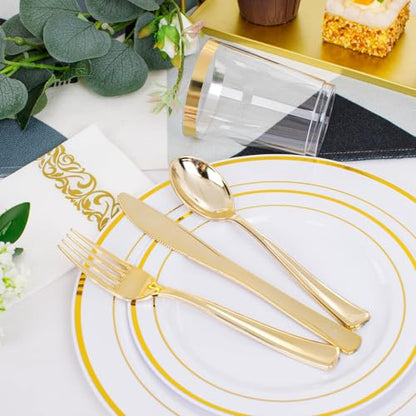 350 Pieces White and Gold Plastic Plates - 50 Guest Dinnerware Set Include 100 Plates, 50 Gold Plastic Silverware, 50 Paper Napkins and 50 Cups for Wedding/Baby Shower/Spring/Birthday/Mother's Day - color: Gold - Modern, size: 350
