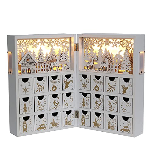 Christmas Wooden Advent Calendar Book with LEDs White & Gold Christmas Reindeer Countdown Holiday Gifts with 24 Drawers Adults Kids Home Decoration (White&Gold,with light)