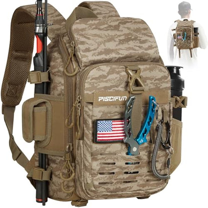 Piscifun Fishing Tackle Backpack, Rod & Gear Holder, Water-Resistant | 15L storage, breathable padding & adjustable shoulder straps, MOLLE panel, Khaki Camouflage - color: Khaki Camouflage, size: Standard