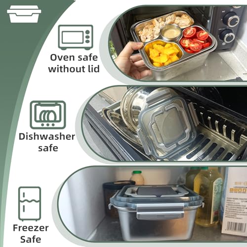 Salad Container for Lunch Stainless Steeel Salad Container 60-oz Salad Bowl with Lid 4-Compartment Bento-Style Tray, 1.5-oz Salad Dressing Container,Dishwasher, Microwave, and Oven Safe (Gray Lid) - color: Gray