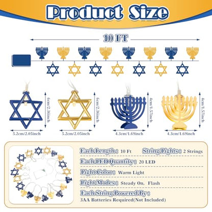 Glooglitter 2 Pcs 10ft Hanukkah String Lights Indoor Decor Battery Powered Lights String for Chanukah Ramadan 4th of July Bedroom Window Party(Hexagon)