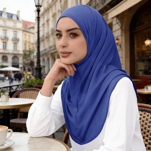 Instant Hijab Ready To Wear Hijab Scarf for Women Soft Long Muslim Jersey Hijabs Head Scarf for Prayer Abaya - color: Royal Blue