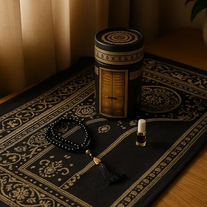 Islamic Prayer Rug 4 Pcs Gift Set with Kaaba Design Box | Sajadah, Tasbih, Perfume | Suitable for Ramadan, Eid, Travel, or Home (Black, Standart) - color: Black