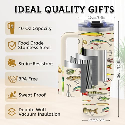 40 Oz Tumbler with Handle, Fishing Gifts for Men Dad Boyfriend | Animal Tumbler with Handle Fish Gifts for Fishemen, Stainless Steel Insulated Tumblers, Animal Lovers Gift for Birthday - color: Fishing-White