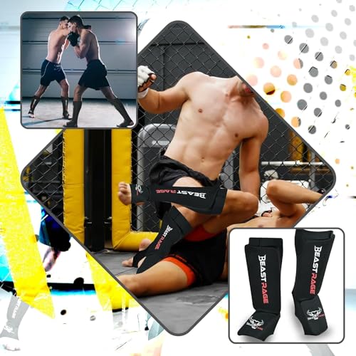 BEAST RAGE Shin Guards for Muay Thai, Kickboxing, MMA Leg Guards Martial Arts Taekwondo, Boxing, Elasticated Sock Padded Leg Instep Pads, Shin Pads,Sparring Training, Karate BJJ - color: BLACK RED, size: X-Large