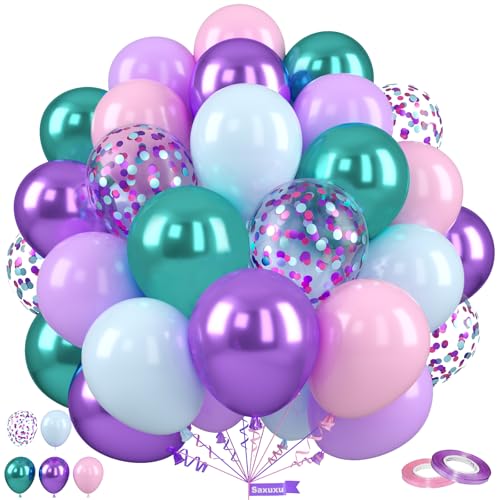 Mermaid Balloons, 50 Pcs Pink Teal Purple for Girls Princess Birthday Party - color: Metallic Mermaid, size: 50 Pcs