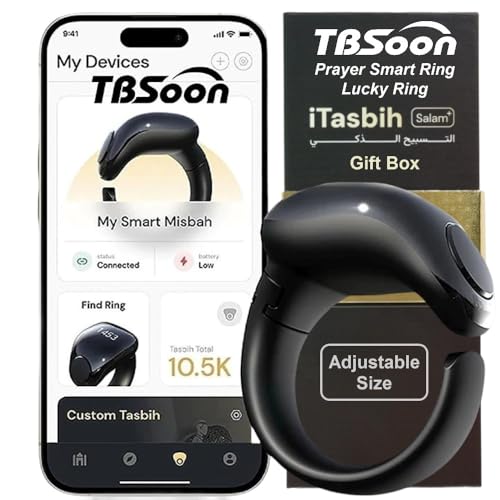 Fashion Tasbih 스마트 링, Tasbeeh 카운터, 기도 방향 표시기 가이드, 5 Azan 알람 시계, 용서, 전자 묵주, Eid al-Fitr Eid al-Adha 라마단 남성 여성용 선물-블랙 사이즈 조절 가능 - style: C블랙 사이즈 조절 가능