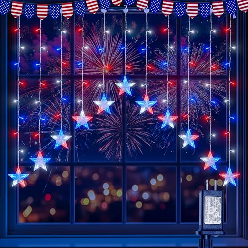 woohaha 4th of July Patriotic Star Icicle Lights,118LED Red White and Blue Curtain Window Lights,Connectable Star String Light Plug in for Independence Day,Garden,Fourth of July Decorations - color: Red White and Blue