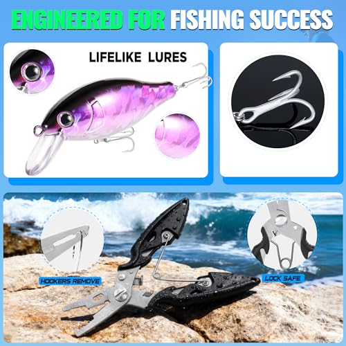 PLUSINNO Fishing Lures Fishing Tackle Box Fishing Gifts for Men, Bass, Trout Fishing Accessories Kit for Saltwater & Freshwater Fishing Gear Including Topwater Lures, Hooks, Spinnerbaits - color: 194PCS tackle box