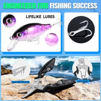 PLUSINNO Fishing Lures Fishing Tackle Box Fishing Gifts for Men, Bass, Trout Fishing Accessories Kit for Saltwater & Freshwater Fishing Gear Including Topwater Lures, Hooks, Spinnerbaits - color: 194PCS tackle box