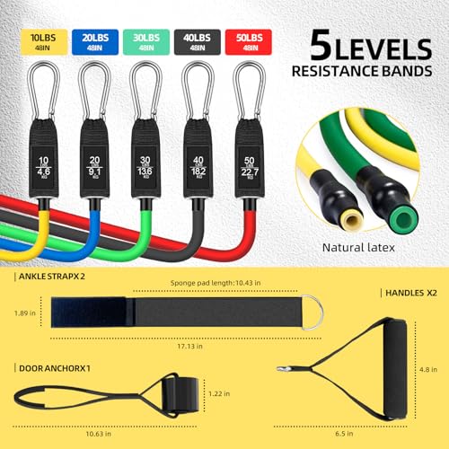 KANGFITER Door Anchor Strap & Resistance Bands for Working Out with Handles | Natural latex, 10-50 lbs, stackable to 150, Ankle Straps, Non-Slip Multi Point Attachment for Home Gym Fitness