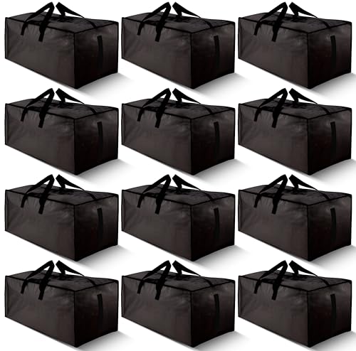 HOMESURE 12 Pack Large Strong Moving Bags with Zippers & Carrying Handles - Water-Resistant - Heavy Duty Storage Tote for Space Saving Moving Storage, Fold Flat, Alternative to Moving Box (Black)