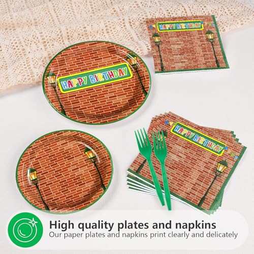 Grencian 96 Red Brick Wall Street Party Supplies Modern Cartoon Sesame Plates and Napkins Tableware Sets Sesame Birthday Disposable Plate for Kids Birthday Baby Shower Serves 24 - style: Sesame Birthday