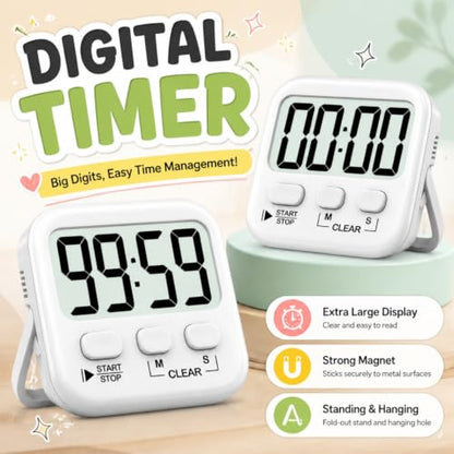 2 Pack Digital Timer for Kids Classroom Kitchen Timers for Cooking | w/ Battery, Easy to View, Alarm, Mute Mode, Count Down/Up, Magnetic, Kickstand, Hanging, Classroom Timer for Teacher Supplies - color: Pure White *2