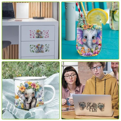 arricraft 10 Sheets UV DTF Cup Wrap Transfer Stickers, 9.45x4.33 Inchs Watercolor Elephant Elephant Mandala Rub on Transfers Decal for 16OZ Glass Cups Furniture Craft Wood DIY Crafts - style: Watercolor Elephant