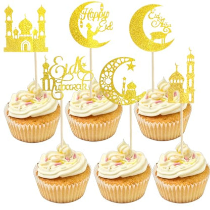 Eid Mubarak Cupcake Toppers, 24 PCS Gold Glitter Moon Star Happy Eid Cupcake Picks, Muslim Islamic Themed Food Toppers Cake Decorations for Eid Mubarak Ramadan Party Supplies