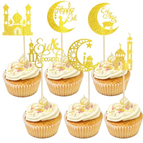 Eid Mubarak Cupcake Toppers, 24 PCS Gold Glitter Moon Star Happy Eid Cupcake Picks, Muslim Islamic Themed Food Toppers Cake Decorations for Eid Mubarak Ramadan Party Supplies