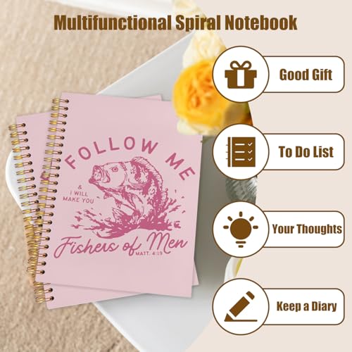WUCHJ Pink Retro Fish Christian Notebook, Matthew 4:19 Bible Verse Journal, Religious Scripture Spiral Notebook Journal for Note Taking, Christian Faith Based Gifts for Women Men, 5.5x8.3 Inch - color: pink fish follow me