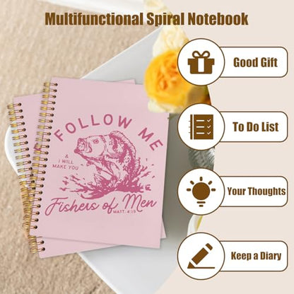 WUCHJ Pink Retro Fish Christian Notebook, Matthew 4:19 Bible Verse Journal, Religious Scripture Spiral Notebook Journal for Note Taking, Christian Faith Based Gifts for Women Men, 5.5x8.3 Inch - color: pink fish follow me
