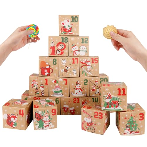 ONESING 24 Pcs DIY Christmas Advent Calendar Boxes for 2025, 24 Days Countdown Calendar Gift for Adults and Kids Christmas Cardboard Number Boxes Make & Fill Your Own Advent Calendar Boxes Lovely Xmas Party Present, Kraft Papper - color: Style-B