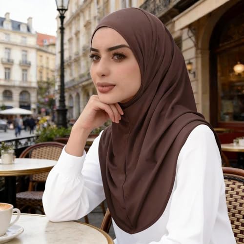 Instant Hijab Ready To Wear Hijab Scarf for Women Soft Long Muslim Jersey Hijabs Head Scarf for Prayer Abaya - color: Coffee