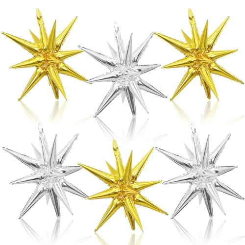 Gold Silver Star Balloons, 6PCS 22 Inch Foil Explosion Star Balloons - color: Gold Silver