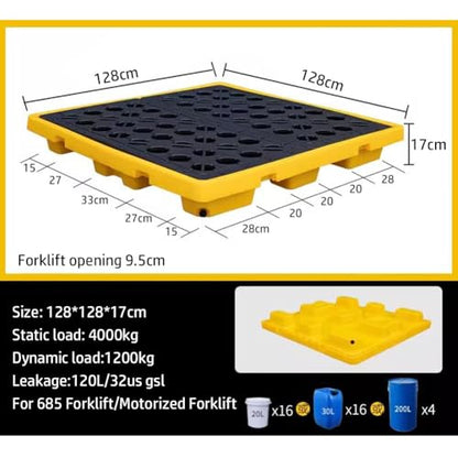 Modular Leak Platform/Grid Pads.Modular Spill Containment Tray - Heavy-Duty Oil Drum Holding Platform, Leak-Proof Pallets for Safe Chemical Storage, Industrial Spill Control Solution，（Yellow - size: 128*128*17cm