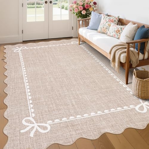 GarveeHome Scalloped Bow Rug 6x9 Washable Camel Rug for Bedroom Living Room - color: Camel, size: 6' x 9' (Rectangular)